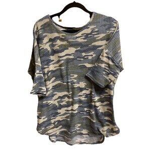 Lildy Women's 3/4 Sleeve Camo Print Waffle Knit Tunic Size S-M Green Multicolor